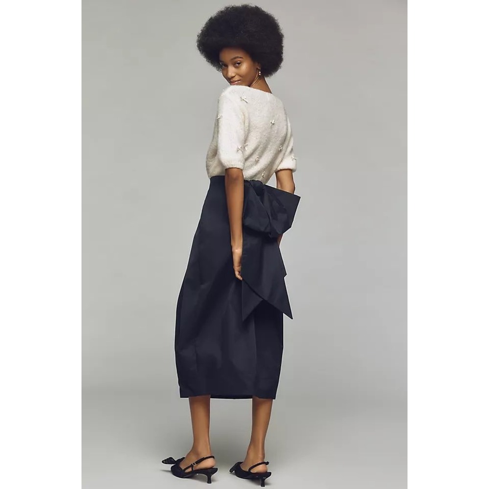 Maeve Anthropologie Sculpted Bow Midi Skirt Womens 10 Black Coquette Cocktail